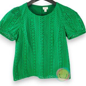 J.Crew Women's Small Kelly Green Eyelet Blouse Short Sleeve Cotton Lined